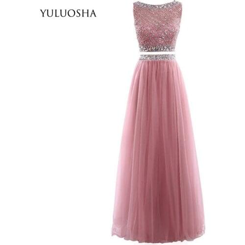 YULUOSHA Women Prom Dresses Two Pieces A-line Sleeveless O-Neck Beading Crystal Evening Dresses Elegant Party Dress Vestidos