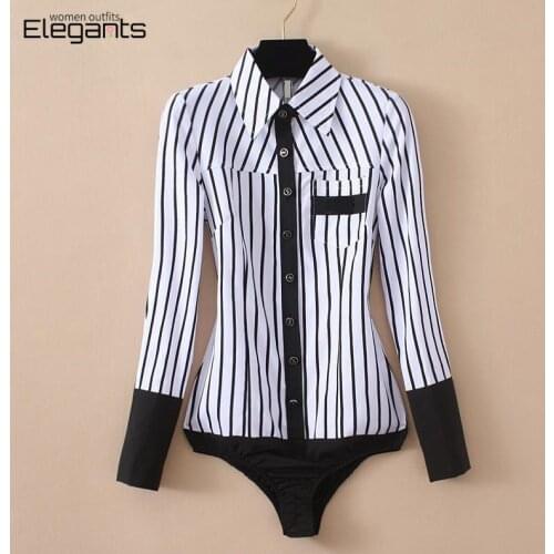 Elegant Office Work Dress Shirts Women Striped Long Sleeve Business Lady Tops and Blouses Female Bodysuits 2021 Autumn Rompers