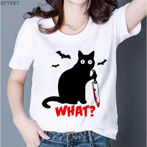 Black Cat WHAT Printed T-shirt Women Murderous Cat Knife Funny T Shirt Summer Harajuku Short Sleeve Large size Top Tshirt Female