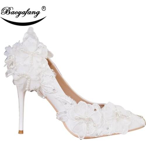 BaoYaFang High heel White Flower Shoes woman Pointed Toe Lace Wedding shoes Ladies High Pumps Bridal Party dress shoe