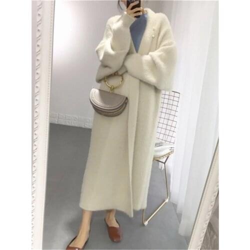 Women Elegant Loose Open Stitch Knitted Cardigan Ladies Faux Mink Fur Thick Warm Oversized Sweaters Autumn Winter Midi Coat