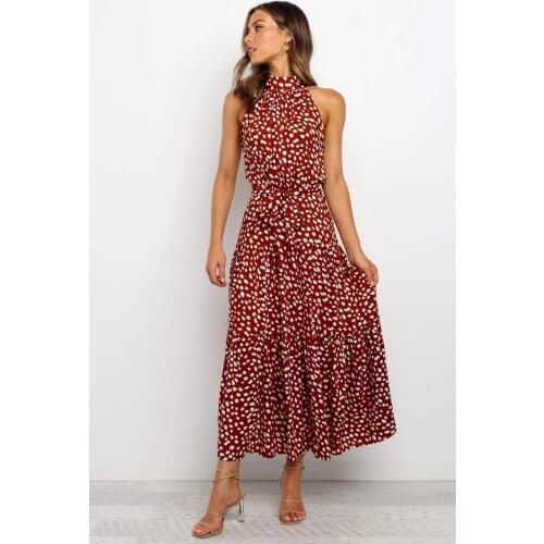 2021 Summer Long Dress Women Casual Print Wave Dot Halter Strapless Waist Lace-Up Sundress Vacation Dresses Female