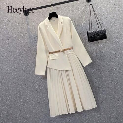 Plus Size Women Dresses office ladies Notched Blazer Dress Autumn Long Sleeve Patchwork elegant black Pleated Dresses 4XL Dress