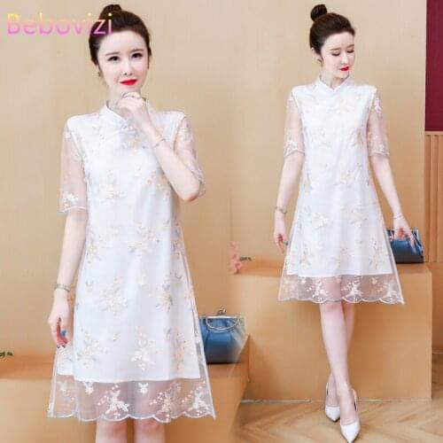M-4XL Plus Size Embroidery Vintage Short Sleeve Summer Cheongsam Dresses Chinese Traditional Qipao Casual Party Women Midi Dress