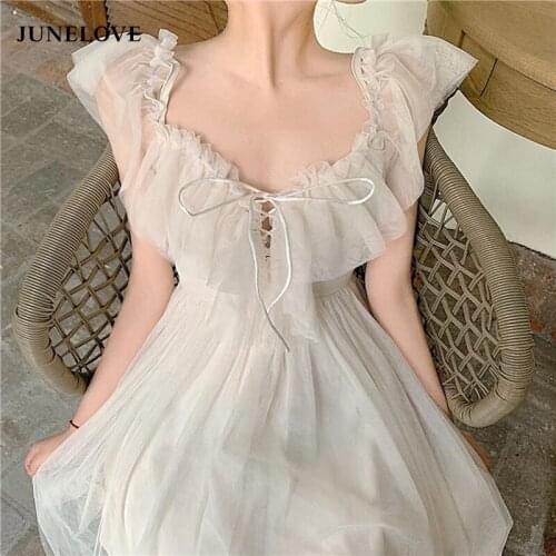 JuneLove 2021 Mesh Ruffles Slash Neck Off Shoulder Lace Up Women Summer Korean White Dress Women Spaghetti Strap Dress Vestidos