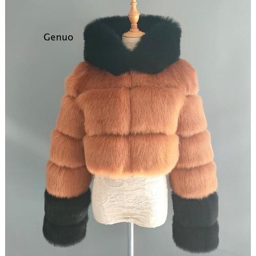 Winter Women High Quality Fluffy Faux Fur Coat Womens Winter Coat with Hat Fox Fur Stitching Color Matching Fur Coat