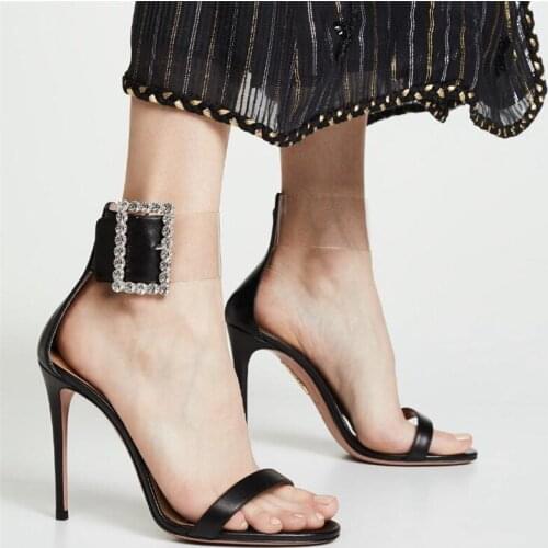 2020 Summer New Crystal Ankle Strap Sandals Women Sexy Open Toe PVC Zipper Thin High Heels Sandals Female Wedding Shoes