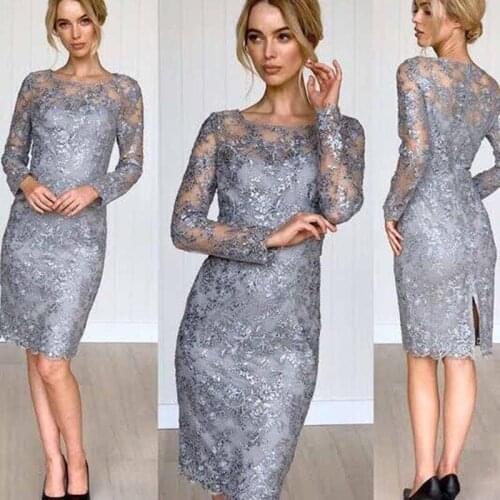 2021 New Arrival Silver Lace Long Sleeve Mother of the Bride Dresses Knee Length Wedding Guest Gowns Illusion Jewel Neckline