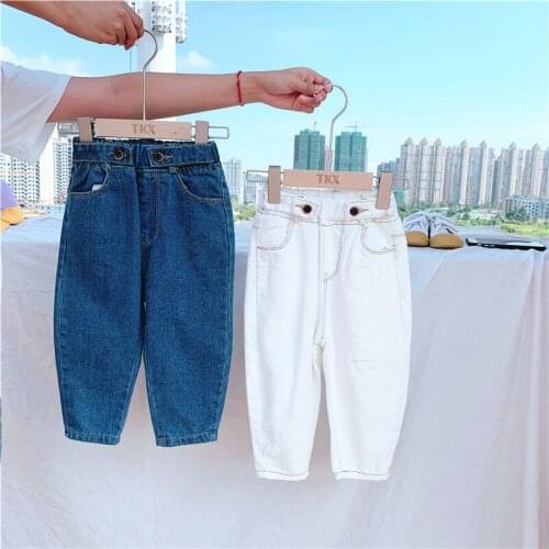 2021 Baby Boys Girls Denim Jeans Pants School Children Jeans Pants Brand Fashion costume Kids Casual Two button Trousers Clothes
