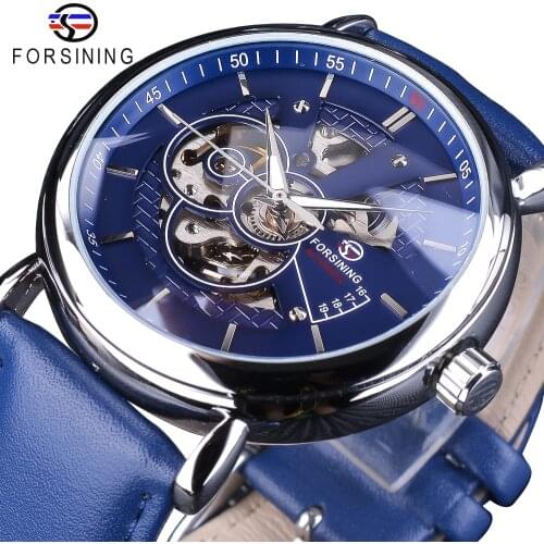 Forsining 2018 Fashion Casual Blue Clock Open Work Design Genuine Leather Belt Mens Automatic Wristwatches Top Brand Luxury