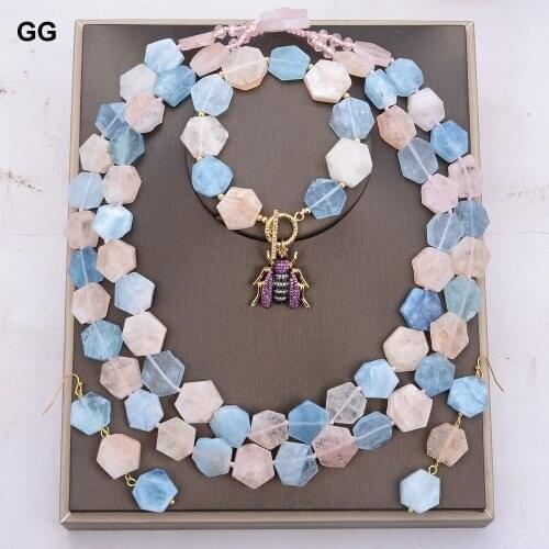 GG Jewelry 2 Strands Natural Hexangular Aquamarines Morganites Choker Necklace Insect Charm Bracelet Earrings Sets