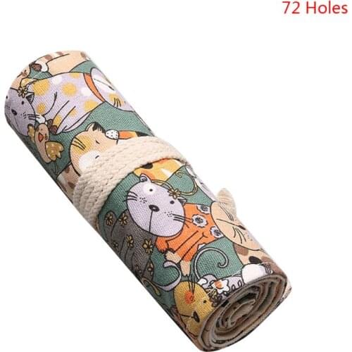 Cartoon Cat 12/24/36/48/72 Holes Canvas Roll Pen Curtain Pencil Bag Case Makeup