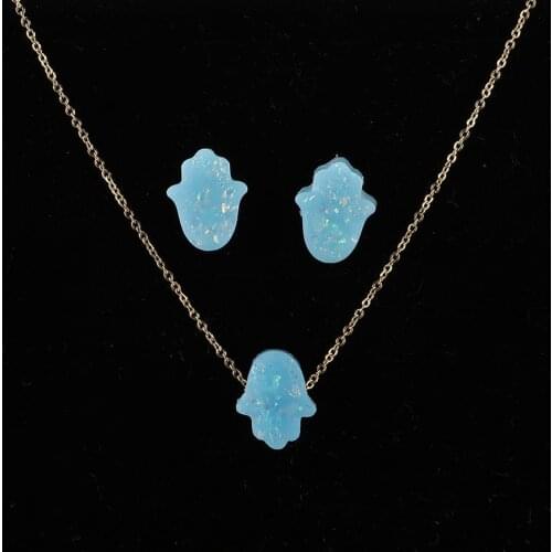 Jaymaxi Opal Stone Palm Jewelry Set New Gold Stainless Steel Necklace Earrings Hamsa Set Women Party Jewelry 6 Colors