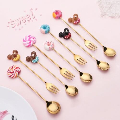 1PC Stainless Steel Mickey Doughnut Spoon Fork Cake Coffee Dessert Tea Ice Cream Stirring spoons Candy Cute Cartoon Teaspoon