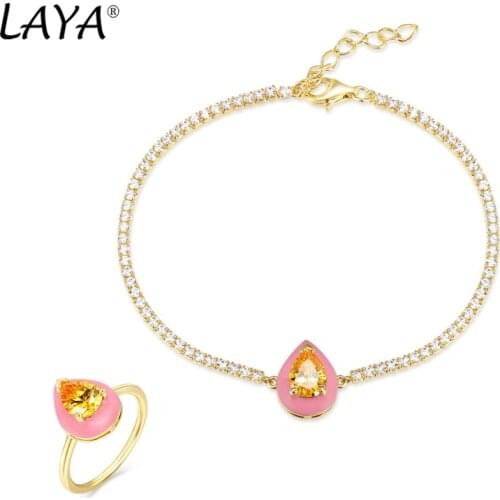 Laya Silver Bracelet Ring Sets For Women Pure 925 Sterling Silver Shiny White Cubic Zirconia Pink Enamel Fashion Jewelry