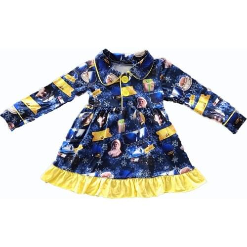 New hot selling little girl Christmas theme nightdress blue Santa print yellow patchwork long sleeve nightdress20