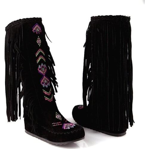 Medieval retro ethnic style new tassel womens boots embroidery retro boots foreign trade oversize womens shoes with wool boots