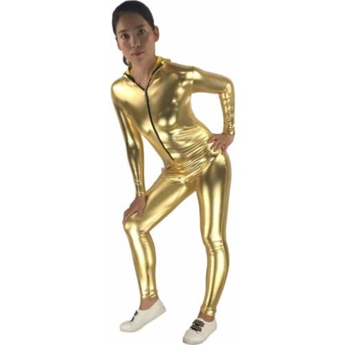 New style Shiny Metallic jumpsuits Lady Leotard Catsuit bodysuit Tights with hooded