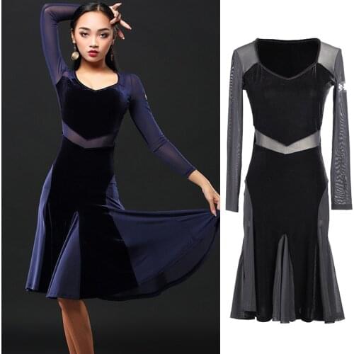 New Female Adult Latin Dance Dress Sexy Long Sleeved Net Yarn Velvet Professional Ballroom Tango Dresses Practice Wear DWY1604