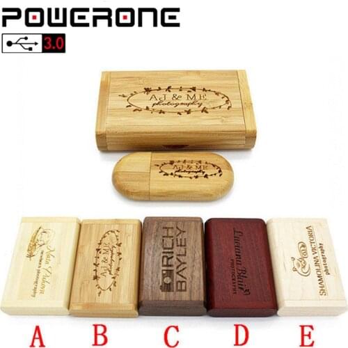 POWERONE USB 3.0 free custom logo wooden usb+Box Personal LOGO pen drive 4GB 8GB 32GB 64GB usb Flash Drive pendrive Memory stick