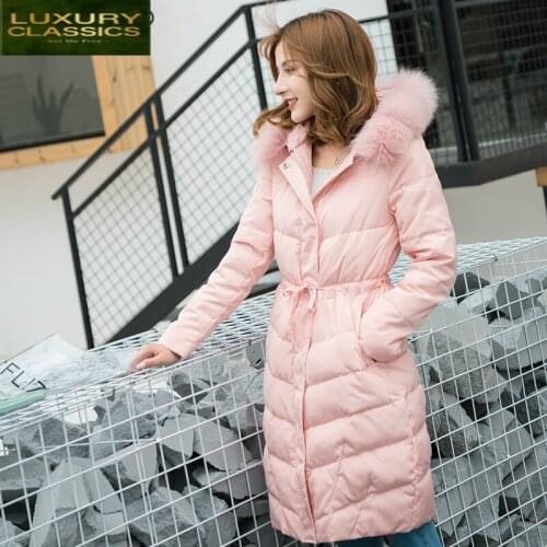 Down Jacket Women Winter Down Coat Female Real Fox Fur Hooded Warm Pink Jackets Long Clothing Casual Outwear 2021 LWL1098