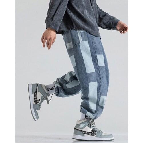 Stylish Harem Pants Men Cotton Overalls Mens Baggy Color Block Hip Hop Cuffed Joggers Big Pockets Blue Sweatpants Plus Size