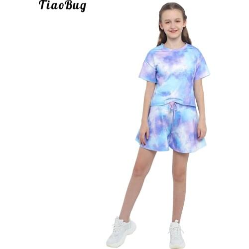 TiaoBug Summer 2Pcs Kids Girls Casual Tie Dye Print Sport Suit Round Neck Short Sleeve T-Shirt Top Shorts Set For Running Gym