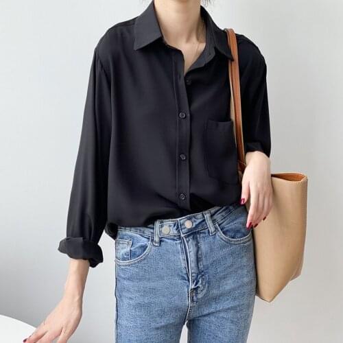 Autumn Spring White Blouse Korean Shirt Women Casual Long Sleeve Pocket Button Up Collared Shirt Clothes Fashion New 2021 Fall