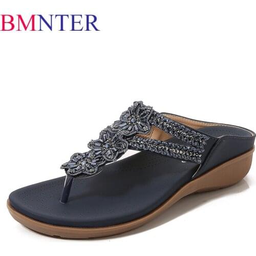 BMNTER Womens Flip Flops Bohemian Casual Wedge Beach Shoes Summer Crystal Breathable Sandals Thick-soled Outdoor Leisure Slippe