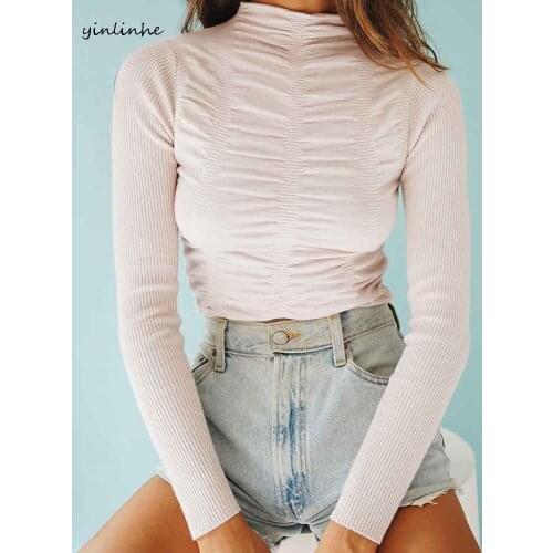Yinlinhe Turtleneck Elastic Sweater Women Long Sleeve Slim Autumn Jumpers Women Fashion Ruched Knit Pullovers Outfits 2020 1897