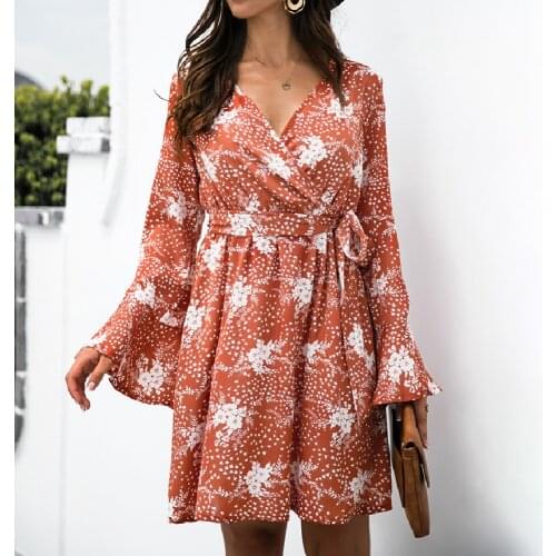 Women Autumn Casual Print Mini Dress Fashion Long Sleeve V-neck Lace Up Dresses For Women 2021 Green Loose A-line Robe Femme