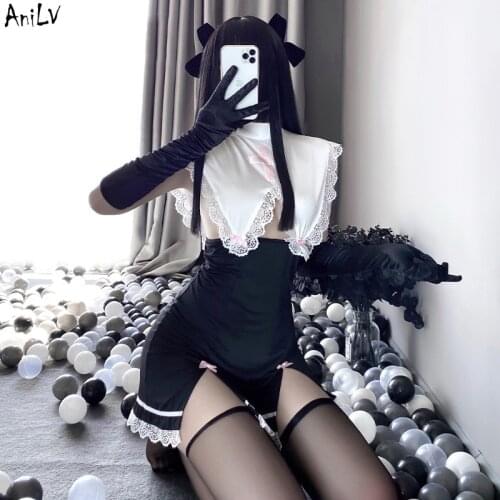 AniLV Sexy Women Nun Maid Dress Costumes Cosplay Doll collar Lace Edge Slit Nightdress Pajamas Erotic Lingerie Unirom Set