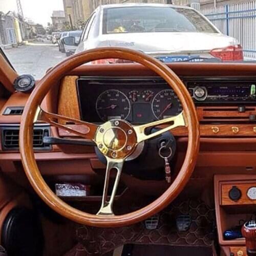 15" Gold Wood Steering Wheel Chrome Iron Spoke Universal Real Wooden Luxury 380mm 15inch Classic Vintage Hight Quality For Car