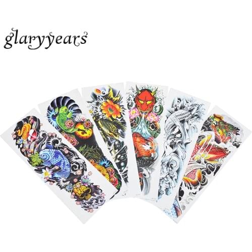 6 Pieces Temporary Full Arm Leg Body Art Tattoo Sticker Fish Wave Devil Design Water Transfer Big Tattoo Sleeve Fake Decal QB#11