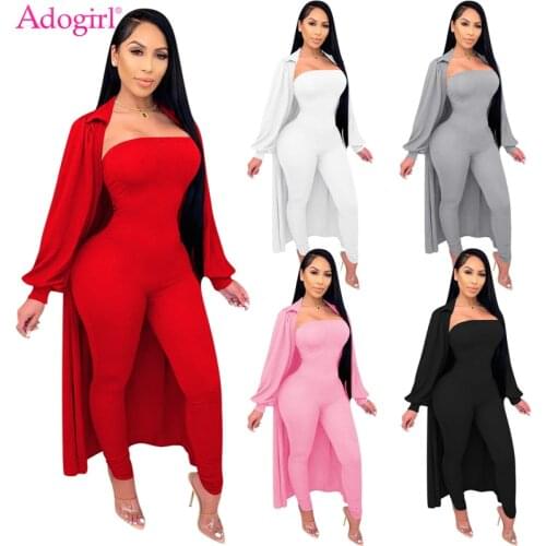 Adogirl Women Solid Cotton Ribbed Two Piece Set Full Sleeve Extra Long Cardigan Coat Stretchy Strapless Jumpsuit Fashion Suits