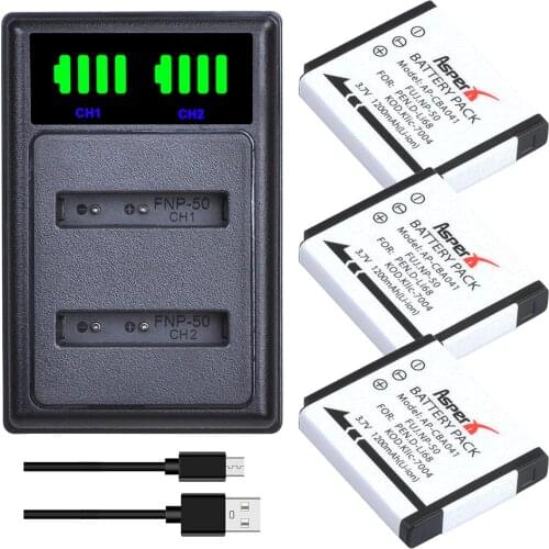AsperX 3Pcs FNP50 NP-50 NP50 Batteries + LED USB Dual Charger for FUJIFILM for Pentax D-Li68 for KODAK KLIC-7004 K7004 Camera