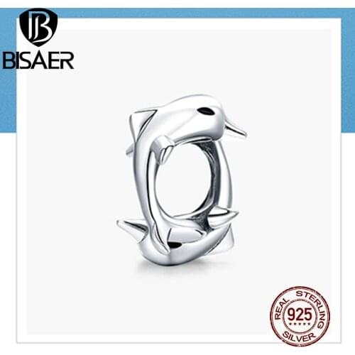 BISAER Both Dolphins Beads 925 Sterling Silver Fish Charms Pendant Fit DIY Making Bracelet Necklace Friendship Jewelry EFC296