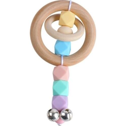 Baby Teether Rattle Toys Wooden Ring Silicone Beads Teething Soother with Bells Q6PD
