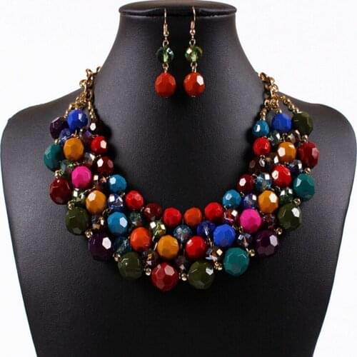 DiLiCa Fashion Jewelry Set Women Resin Beads Charms Choker Statement Bib Necklace Drop Earrings Sets