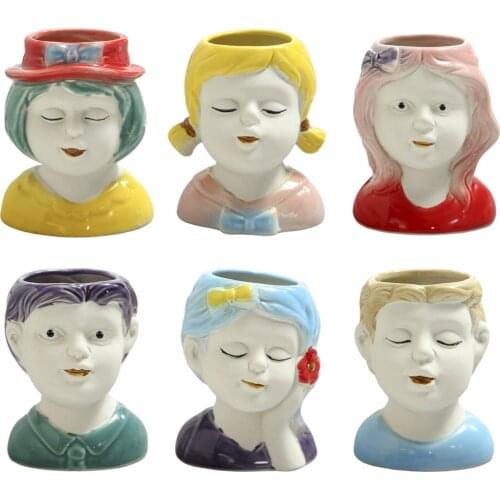 Nordic Creative Cute Human Head Pot Ceramic Little People Flower Pots Home Office Ornaments Cartoon Succulent Plants Potted