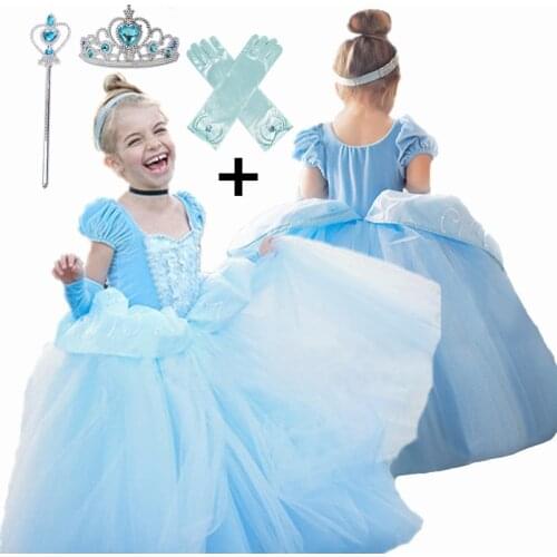 Cinderella Cosplay Costume Kids Clothes For Girls Dress Baby Girl Ball Gown Princess Dresses For Birthday Party Crown Gloves