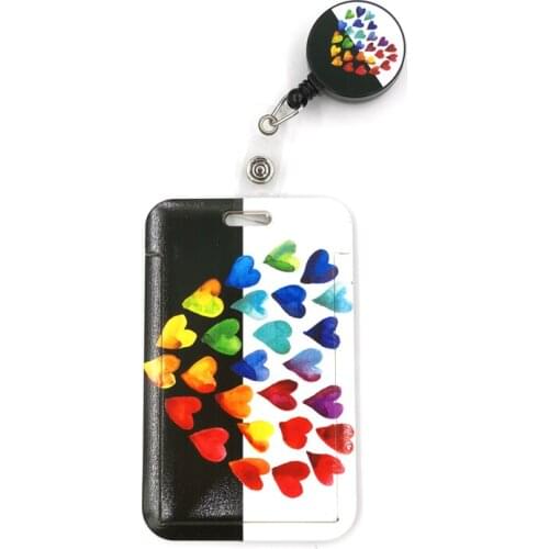 Colorful rainbow love hearts Cute Card Cover Lanyard Retractable Student Nurse Badge Reel Clip ID Card Badge Holder accessories