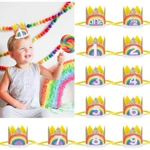 Birthday Lace Party Crown Glitter Rainbow Felt Headband Crown For Baby Princess Handmade Hairband Baby Shower Decoration Party