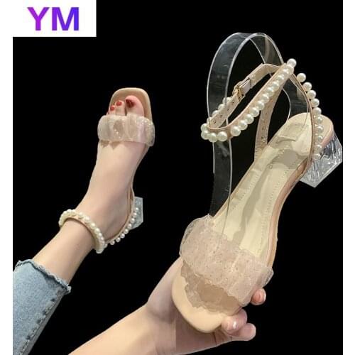Summer Ankle-wrap Silk Lace Gladiator Sandals Pearl Women Square Heel Party Wedding High Heel Sandals Open Casual Blue Sandals