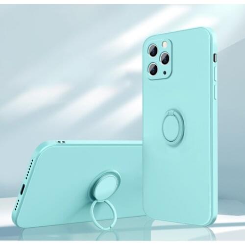Luxury Square Liquid Silicone Soft Case for IPhone 12 Mini 11 Pro Max X XS XR 8 7 Plus Ring Holder Camera Protection Phone Cover