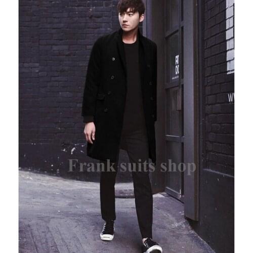Custom made 2017 Black woolen coat jacket winter lapel double-breasted long-sleeved mens fashion Mens Suit coat pea coat