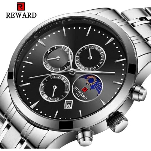 REWARD Quartz Watches for Men Silver Stainless Steel Moon Phase Calendar Design Top Brand Male Clock Fashion Montre Homme