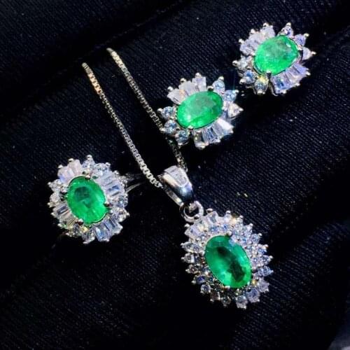 Real Natural Emerald jewelry set Natural Real Emerald 925 sterling silver 1pc pendant,1pc ring,2pcs Earring