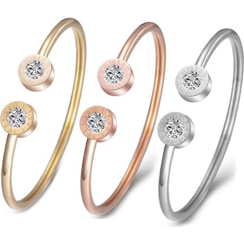 New Fashion Simple Open C Shape Roman Numeral Bling Rhinestone Titanium Stainless Steel Bracelet for Women