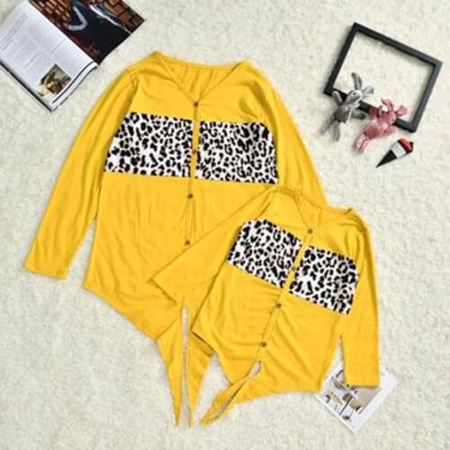 Mother Daughter Family T-shirt Spring Autumn Long Sleeve Leopard Patchwork T Shirts Parent-child Knotted Tops Family Clothes
